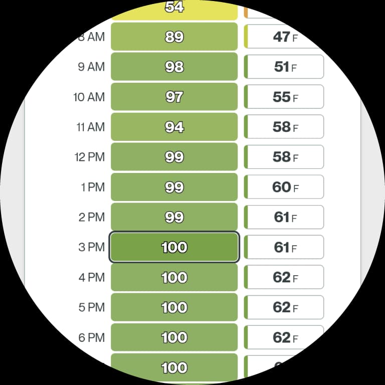 See your comfort scores and weather variables hour by hour